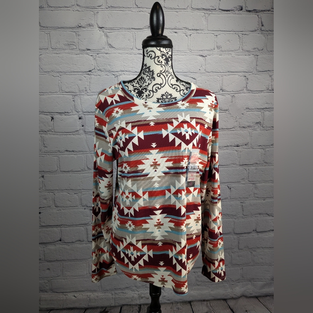 No Boundaries women's long sleeve stretch knit Aztec print top size 3x NWT b19